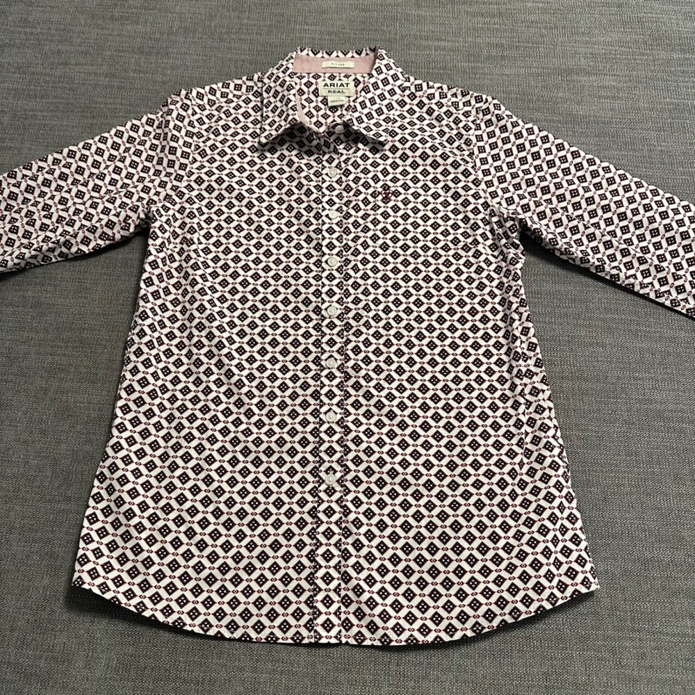 Ariat Real Shirt Mens Large White Burgundy Geometric Diamond Fitted Ls